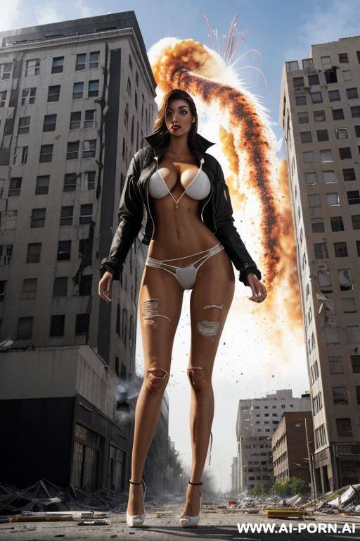 exploding out of a building. full body view. extremely slender tall growing giantess bursting through her ripped to shreds shrunken clothes that are too tight. enormous growth, clothes cutting into skin. clothes exploding off her skin - #main