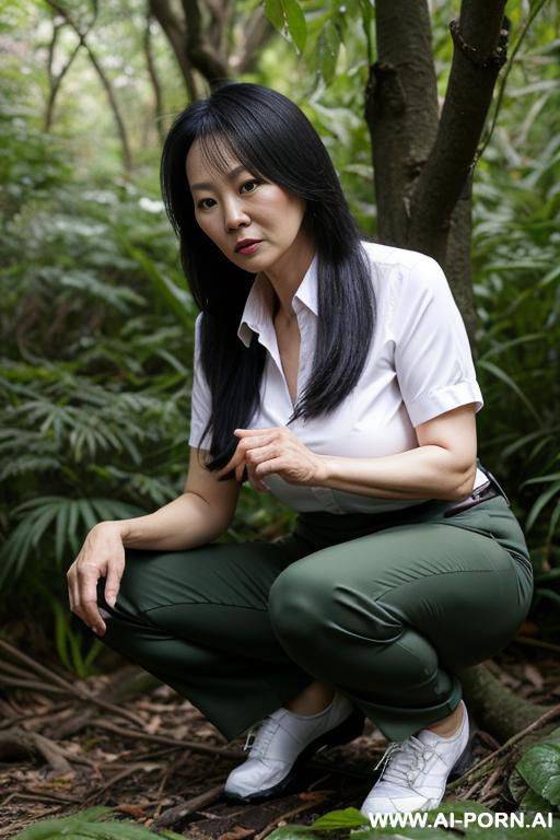 mature crouching in underbrush, shirt, pants - #main