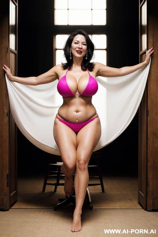 a woman is wearing bag costume. she has a round belly. her breasts are stretching the fabric of the bikini and her nipples are big. - #main