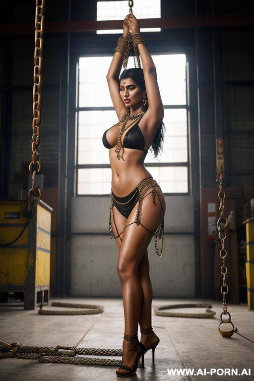 indian woman, bound by chains, submissive position, in a industrial workshop, suspended by a crane - #main
