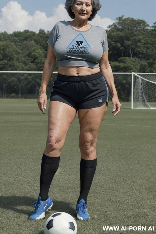 0 year old grandmother, full body, standing, short gray hair, lady, clearly visible age marks, triangular hips, thick thighs, wearing a blue soccer t-shirt, black shorts, playing football with other grandmothers outdoors - #main