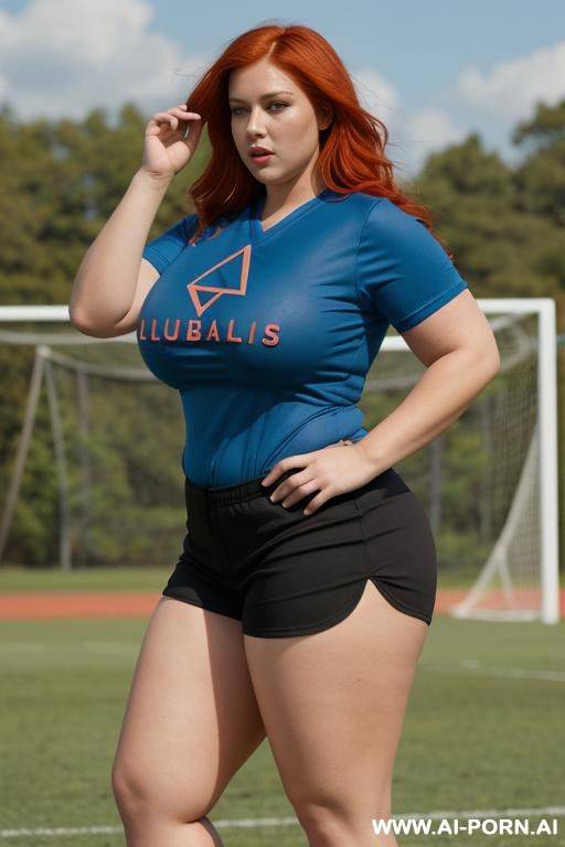 chubby woman, full body, standing, redhead, triangular hips, thick thighs, wearing a blue soccer t-shirt, black shorts, playing football with other chubby woman outdoors - #main