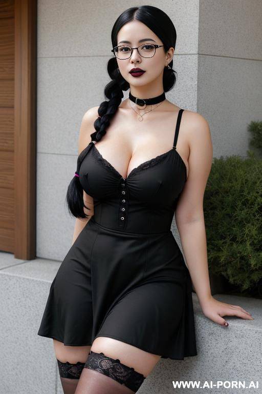 thick thighs, wide hips, thick lips, thick choker, glasses, long black hair, black lipstick, showing breasts, breasts visible, breasts out, exposed breasts, - #main