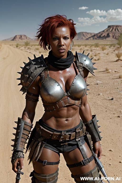 soldier on a desert battlefield. muscular body with toned abs. shorty, spiky punk hair. sweat and grime on body. armoured shoulder pads. armoured legs. holding crossbow in hand. fallout raider. mad max. black woman. - #main