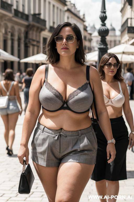 chubby mother and woman walking in the square wearing gray shorts and bra - #main