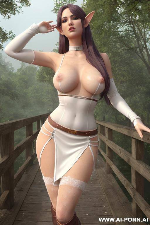 photo realistic, (nipples: long-erect & thick), real life, (skin: bright white & pallid cold), (sheer skirt with straps up to waist) (crossing thighs, walking on a wooden bridge), (naked tits) , - #main