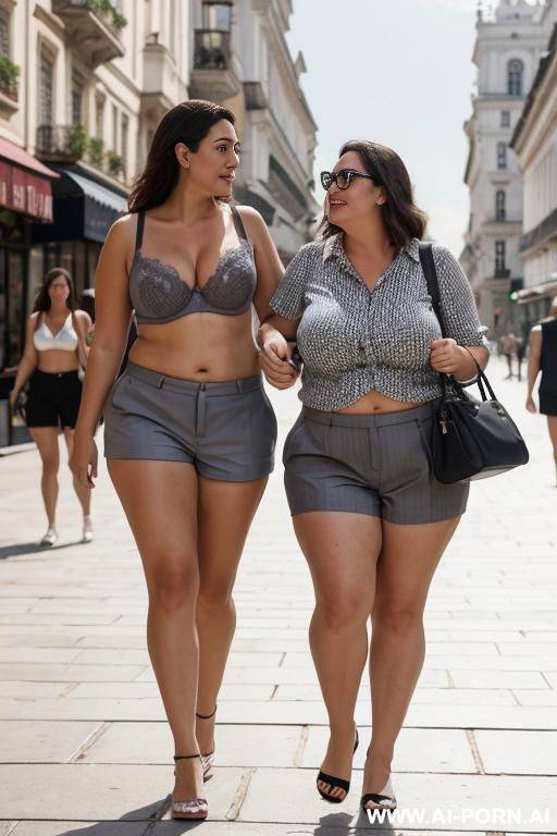 chubby mother and her woman walking in the square wearing gray shorts and bra - #main