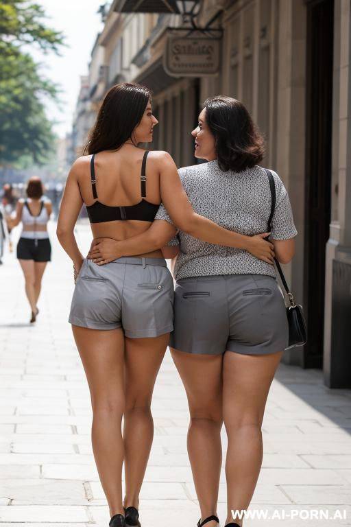 back view, chubby mother and her woman walking in the square wearing gray shorts and bra - #main