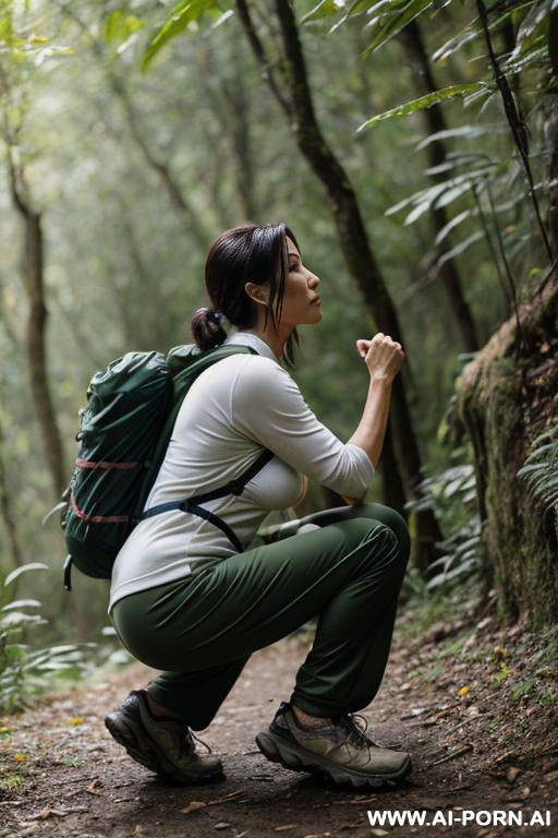 hiker squatting in underbrush, outdoor-clothes, pants, side-view - #main