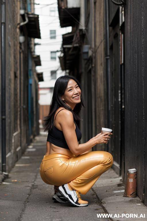 squatting in tra alley, smiling, normal-clothes, pants, side-view - #main
