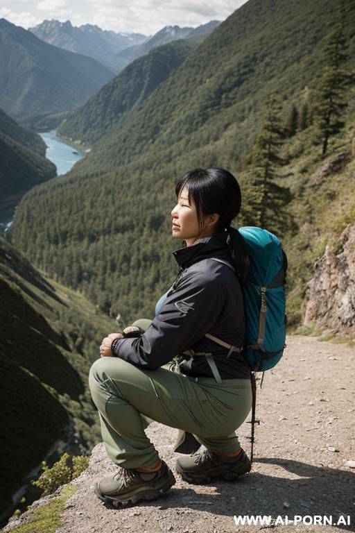 hiker squatting down in wildernes, pants, outdoor-clothes, side-view - #main