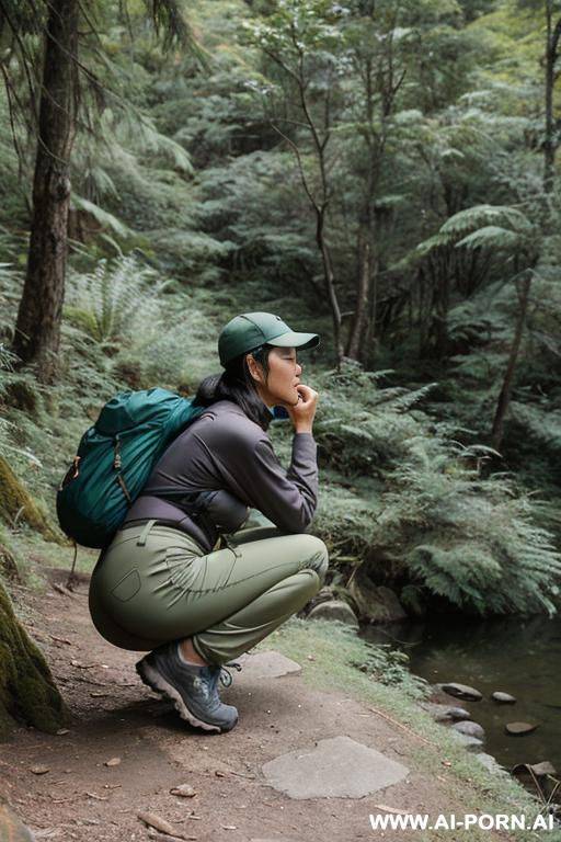 hiker squatting down in nature , pants, outdoor-clothes, side-view - #main