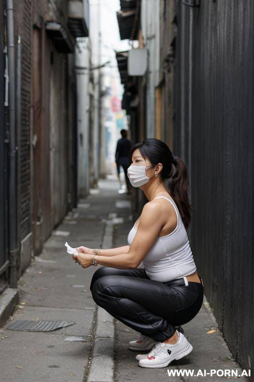 squatting in tra alley, normal-clothes, pants, tissues, side-view - #main