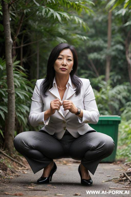 squatting in underbrush business clothes, pants, trash, water under her - #main