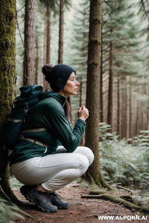 hiker in forest, pants, legs apart, outdoor-clothes, side-view - #main