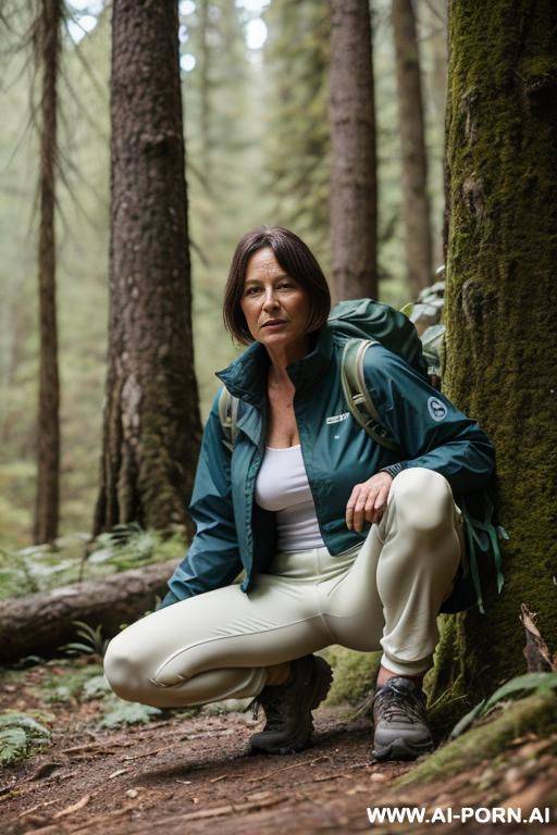hiker crouching in forest, outdoor-clothes, pants, legs-apart - #main
