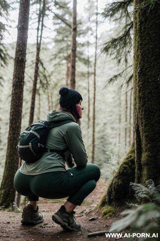 hiker in forest, pants, legs apart, outdoor-clothes, backview - #main