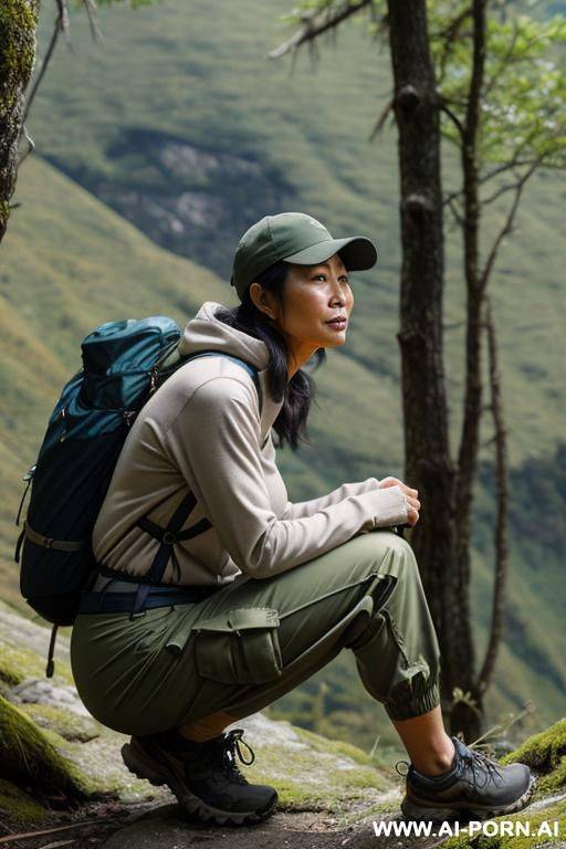 hiker crouching in wildernes, pants, outdoor-clothes, side-view - #main