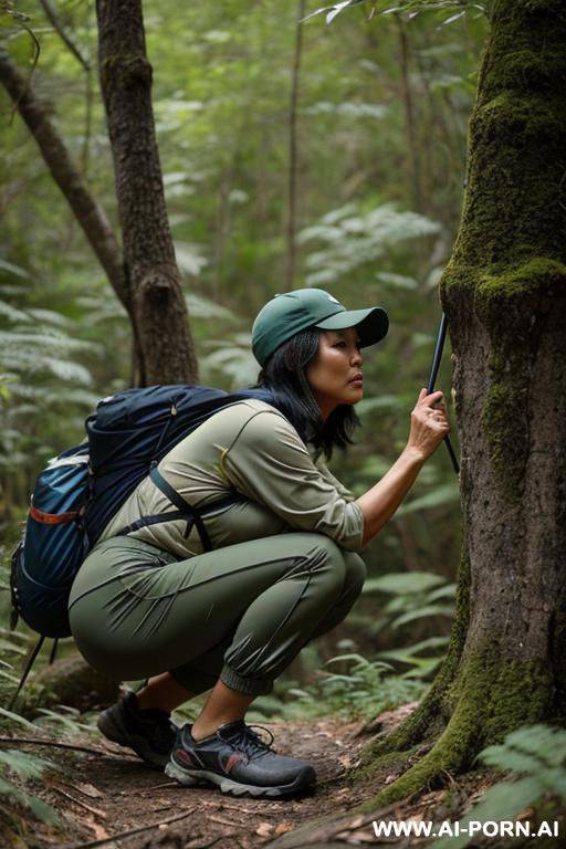 hiker crouching in underbrush, pants, outdoor-clothes, side-view - #main