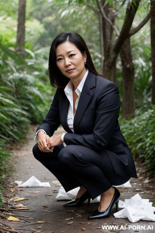 squatting in underbrush business clothes, pants, trash tissues - #main
