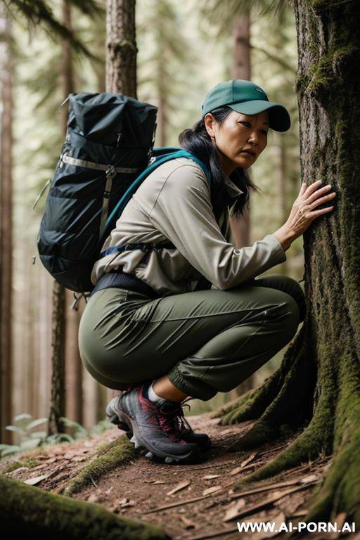hiker crouching in forest, pants, outdoor-clothes, side-view - #main