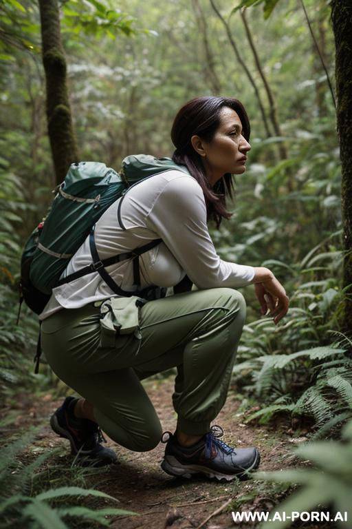 hiker crouching in underbrush, outdoor-clothes, pants, side-view - #main