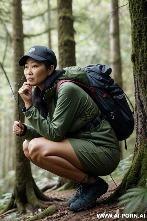 hiker crouching in forest, outdoor-clothes, side-view - #main