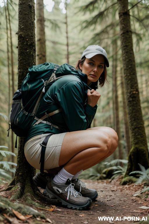 hiker crouching in forest, outdoor-clothes - #main