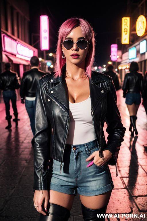 (denim short shorts) (black leather jacket) (knee high boots) (cleavage) (round sunglasses) ( pink feathered hair) (neon lit street) (night time) ( after rain) - #main