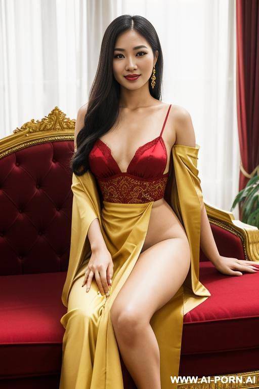 realistic burmese woman, happy, beautiful natural boobs, beautiful natural body, green and red and yellow royal robes, white royal lingerie, in a harem, on a couch - #main