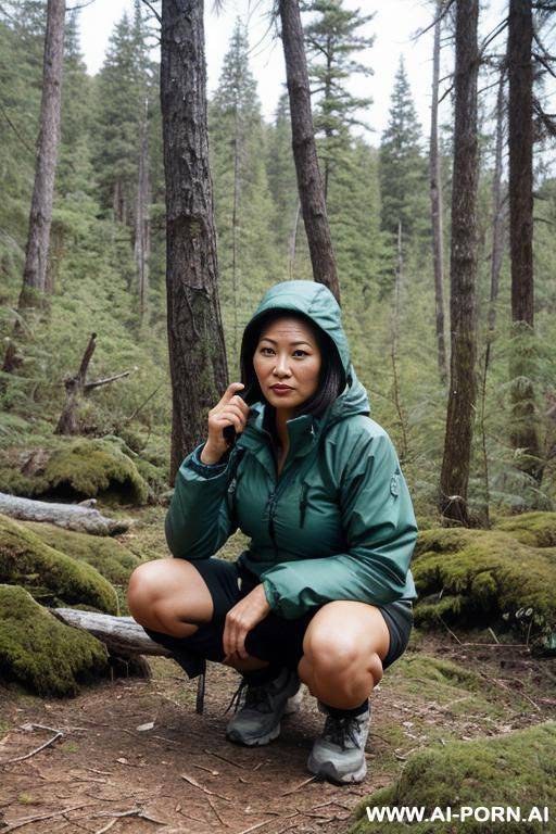 crouching in wilderness, outdoor-clothes, - #main