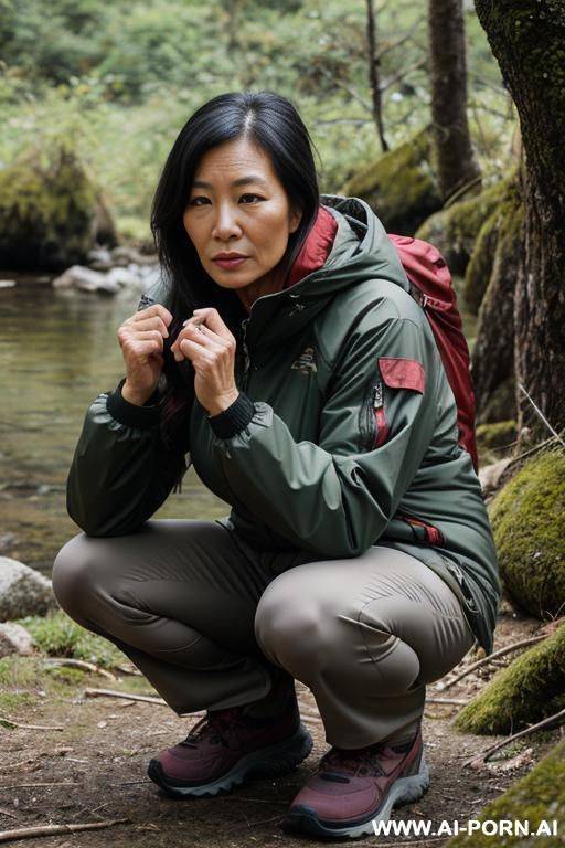 squatting in wilderness, outdoor-clothes, reliveing herself - #main
