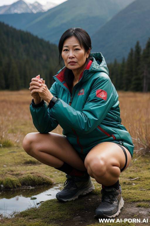 squatting in wilderness, hands on knees, outdoor-clothes, reliveing herself - #main