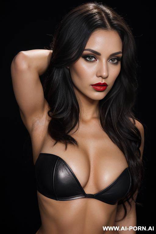 (long wavy hair) (brunette hair) (makeup) (smokey eyes) (red lips) (ideal facial ratios) (((emo))) (athletic body) (large tattoos) ( boobs) (erotic) (aroused) (flirty) (dominant) (look into camera) (deep of field) (low light) (black dark background) - #main