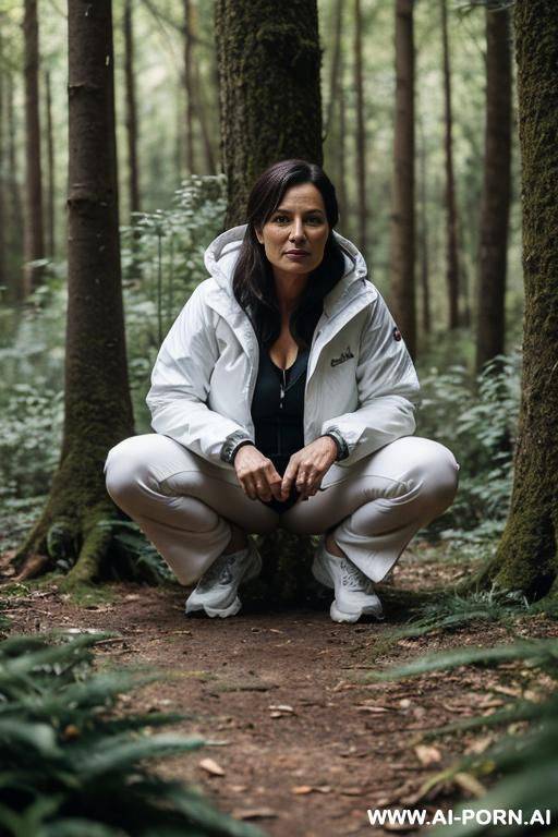 crouching in forest, outdoor clothes - #main