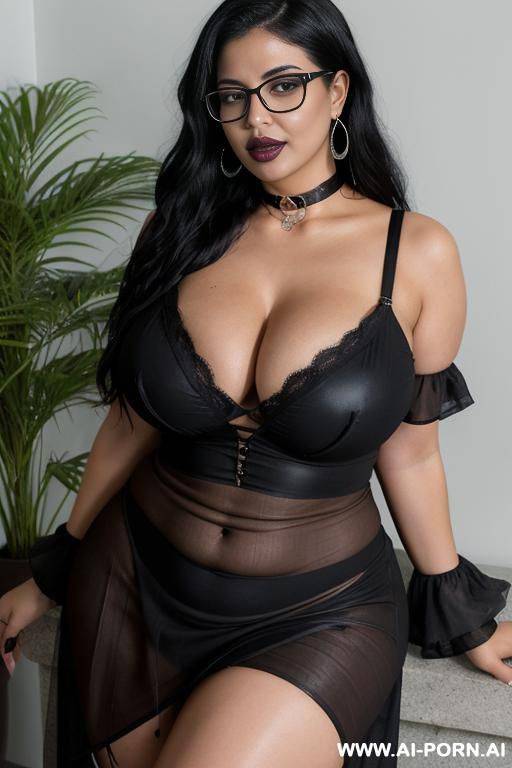 thick thighs, wide hips, thick lips, thick choker, glasses, long black hair, black lipstick, showing breasts, breasts visible, breasts out, exposed breasts, flashing breasts, black summer dress, - #main