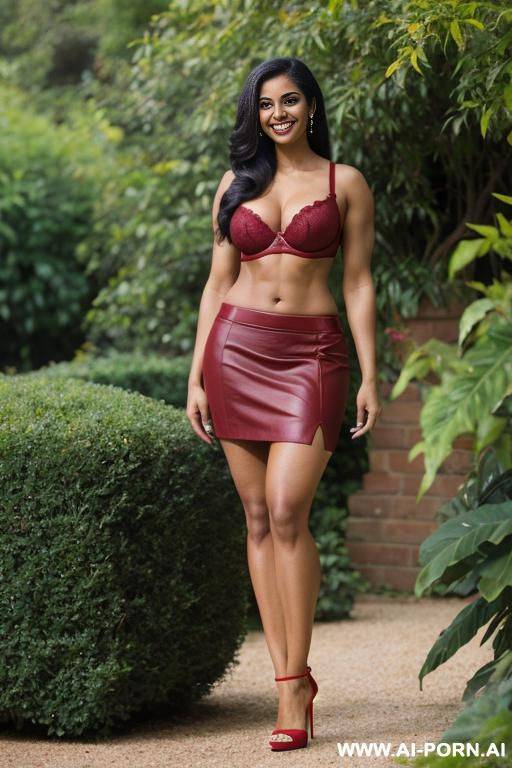 indian, fit, abs, curvy, muscular arms, big ass, tall, long legs, navel piercing, deep red bra, deep ref pleat skirt, looking at camera, full body, stiletto, in garden - #main