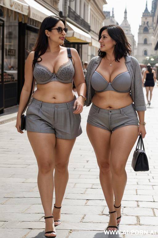chubby mother and her woman walking in the square wearing gray shorts and bra - #main
