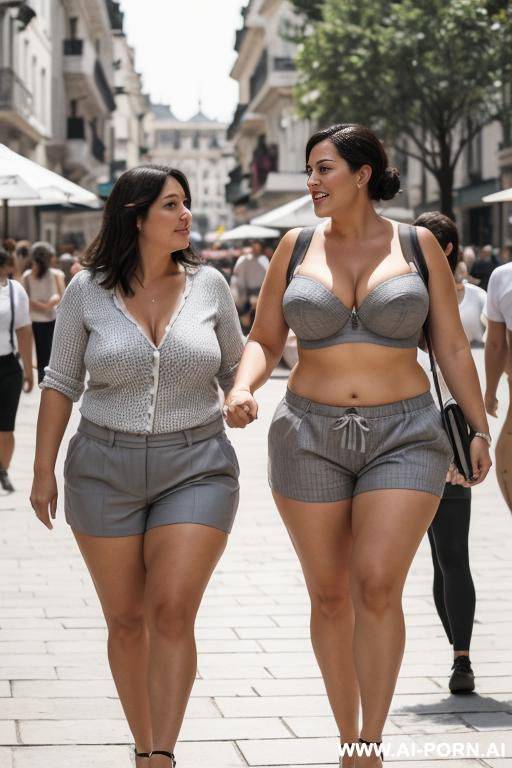 chubby mother and woman walking in the square wearing gray shorts and bra - #main