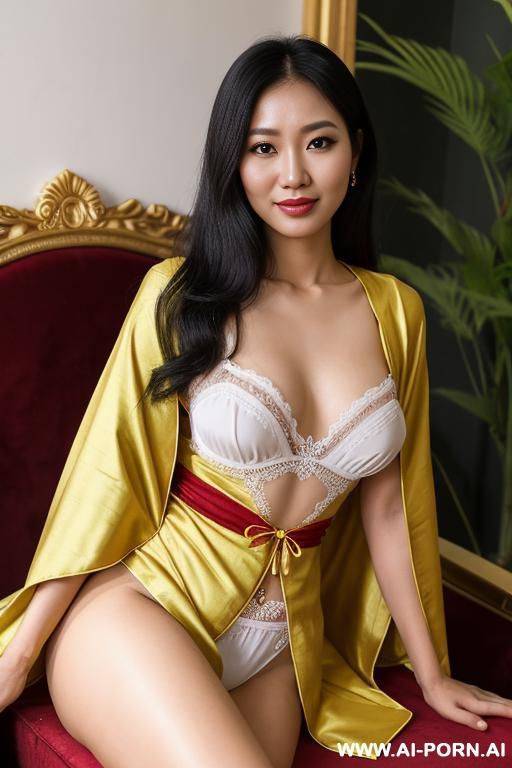 realistic burmese woman, happy, beautiful natural boobs, beautiful natural body, green and red and yellow royal robes, white royal lingerie, in a harem, on a couch - #main