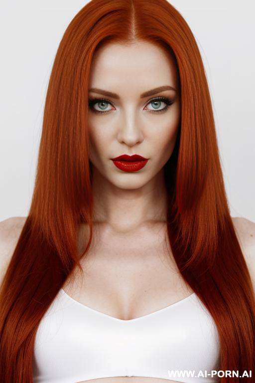 (long straight hair) (ginger hair) (makeup) (red lips) (ideal facial ratios) (see-through top) ((emo)) (athletic body) (large tattoo) (natural boobs) (erotic) (aroused) (flirty) (dominant) (bdms) (look into camera) (deep of field) (white background) - #main