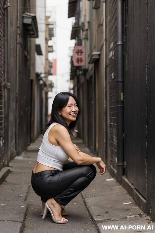 squatting in tra alley, smiling, normal-clothes, pants, side-view - #main