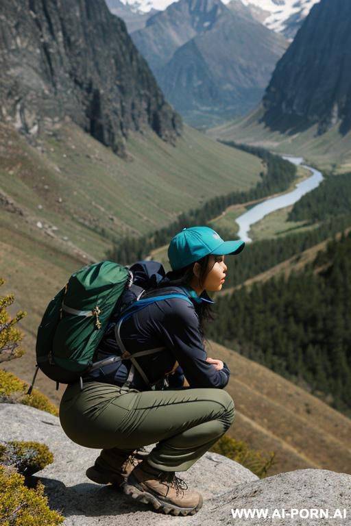 hiker crouching in wildernes, pants, outdoor-clothes, side-view - #main