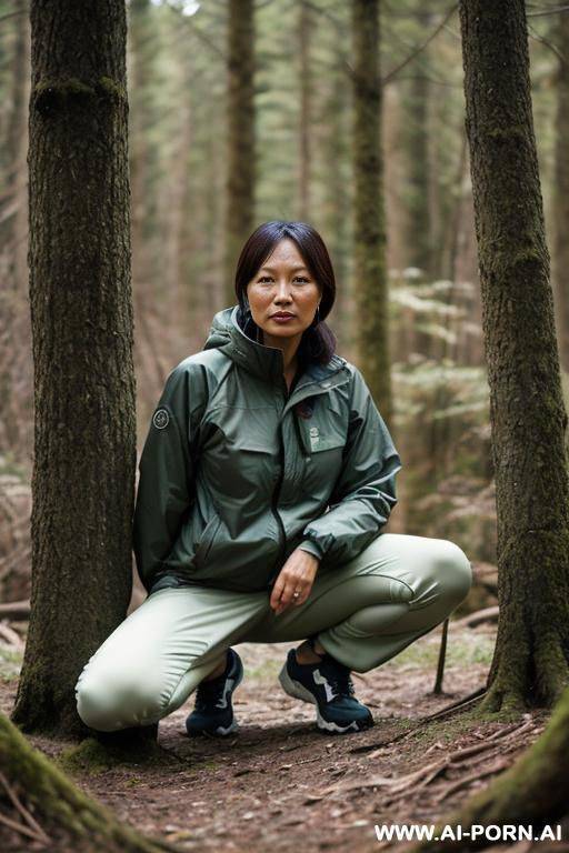 crouching in wilderness, outdoor-clothes, pants, legs apart, - #main