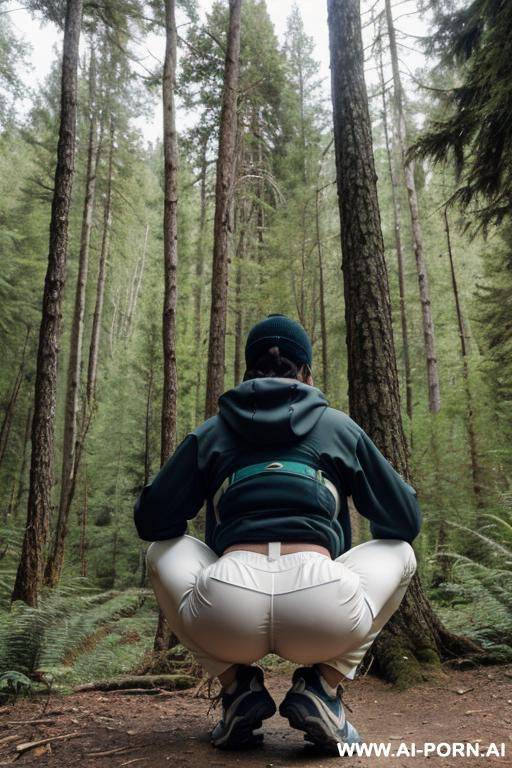 hiker in forest, pants, legs apart, outdoor-clothes, backview - #main
