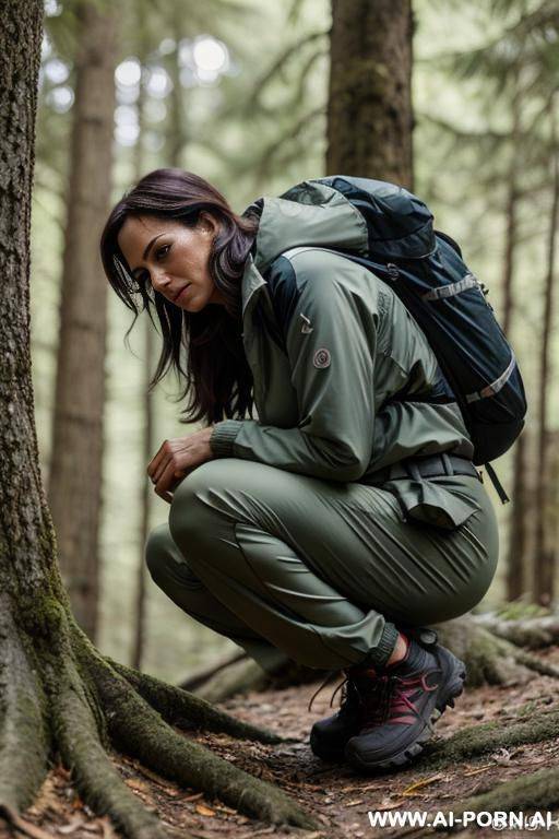 hiker crouching in forest, outdoor-clothes, pants, legs-apart, side-view - #main