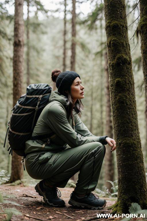 hiker crouching in forest, outdoor-clothes, pants, side-view - #main