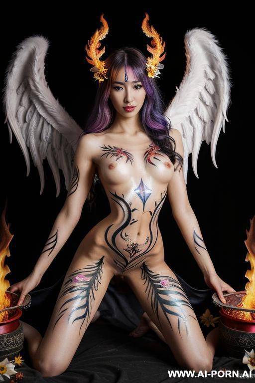 (((goddess of fire))), fire angel, controlling the fire around her, fire wings, tall slender supermodel cutie, different colours of fire around her, covered in colourful fire tattoos and body - #main