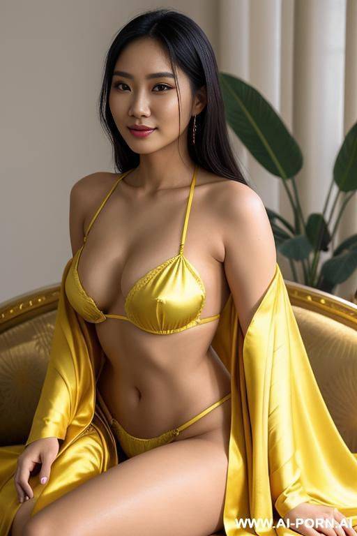 realistic burmese woman, happy, beautiful natural boobs, beautiful natural body, yellow and red royal robes, green white royal lingerie, in a harem, on a couch - #main