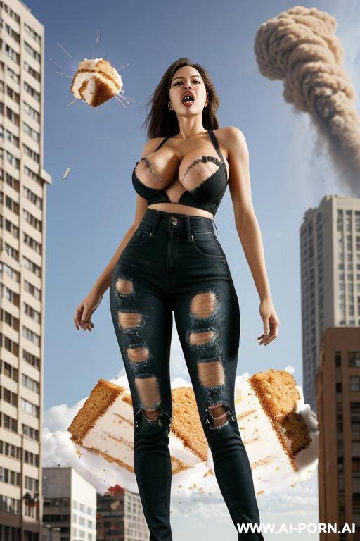 eating cake. cake in her mouth. cake face. giantess as tall as the sky. giantess exploding out of a building. full body view. extremely tall growing giantess bursting through her ripped to - #main